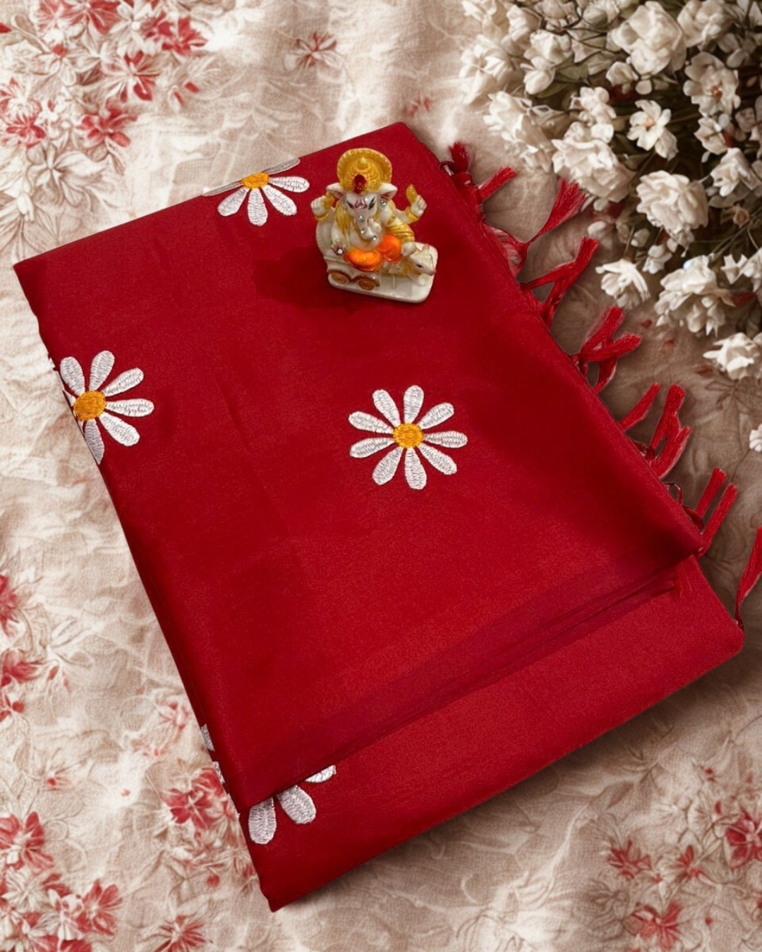 Malai Silk Saree with Sunflower Embroidery & Tassel Pallu