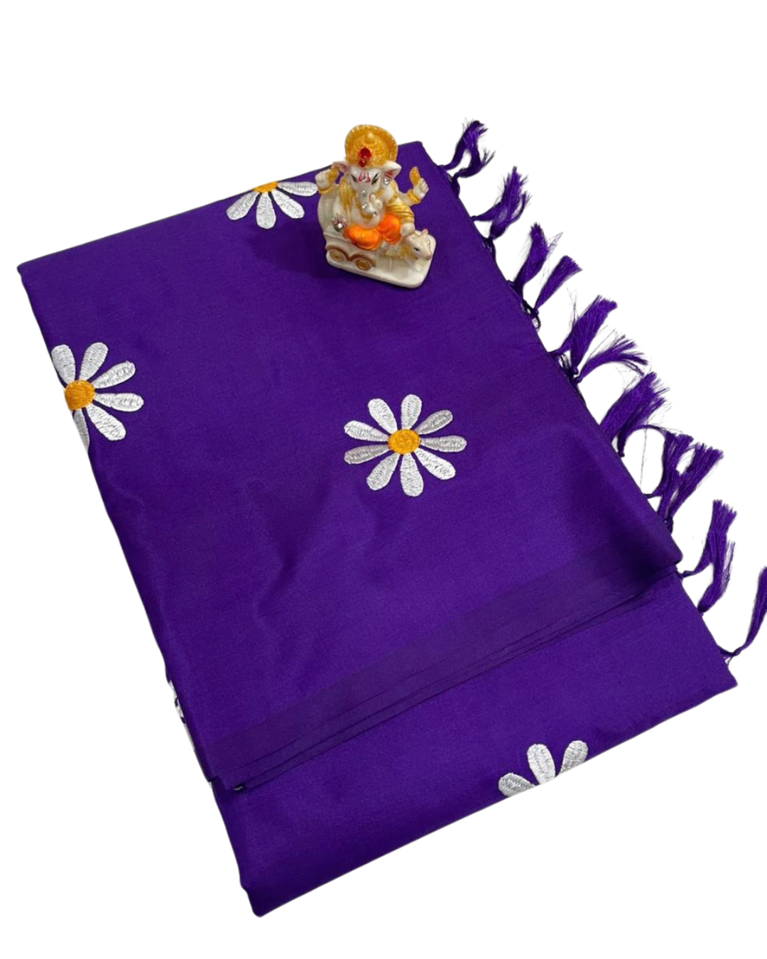 Malai Silk Saree with Sunflower Embroidery & Tassel Pallu