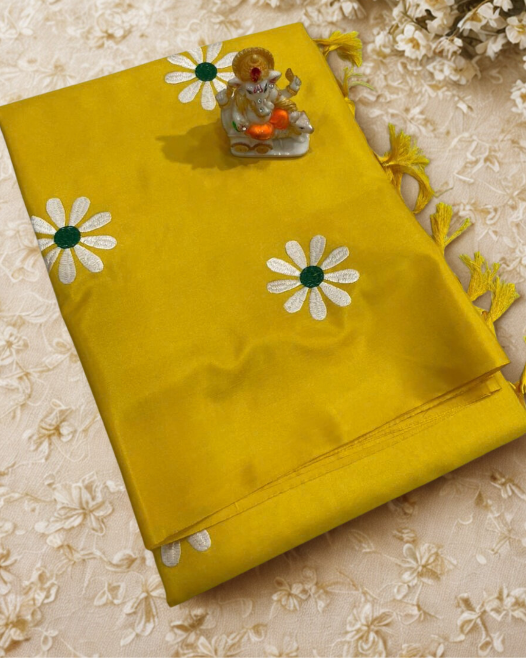 Malai Silk Saree with Sunflower Embroidery & Tassel Pallu