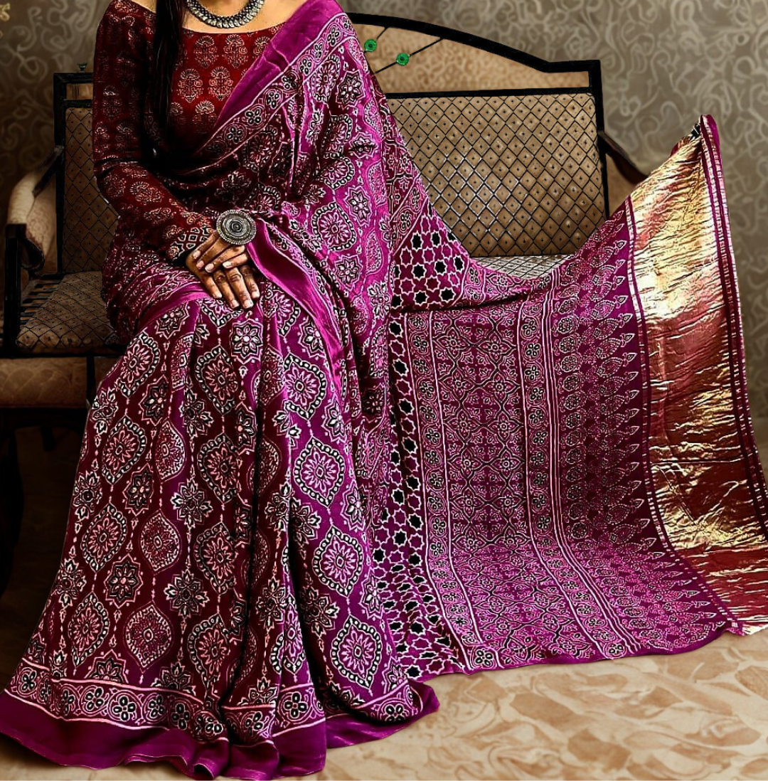 Magenta Pure Modal Silk Ajrakh Handblock Print Tissue Pallu Saree