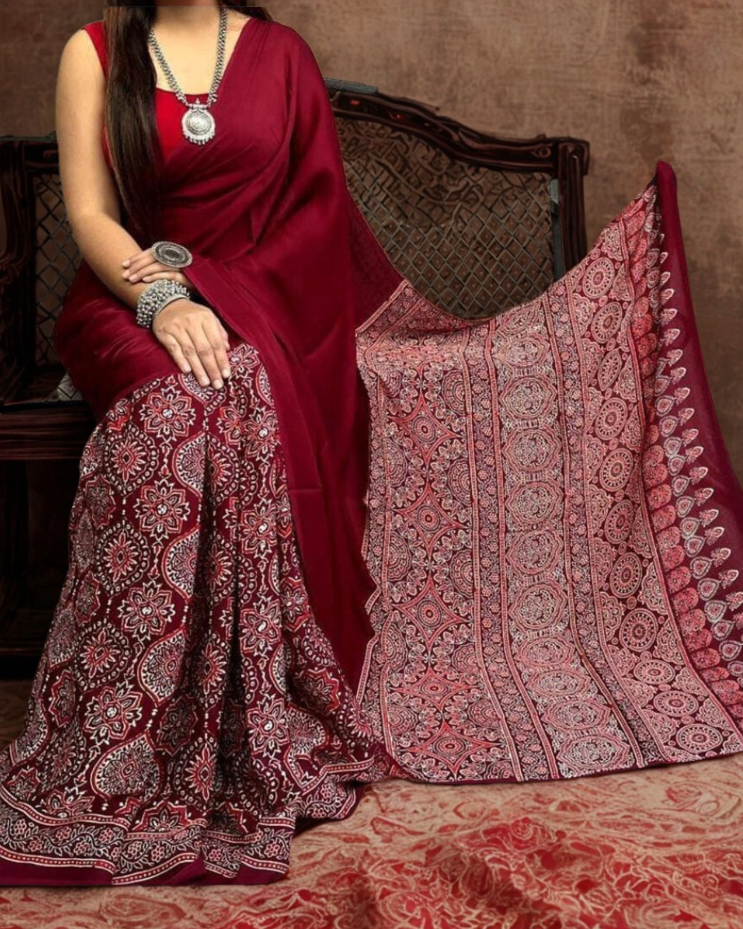 Pure Modal Silk Ajrakh Hand-Block Print Saree