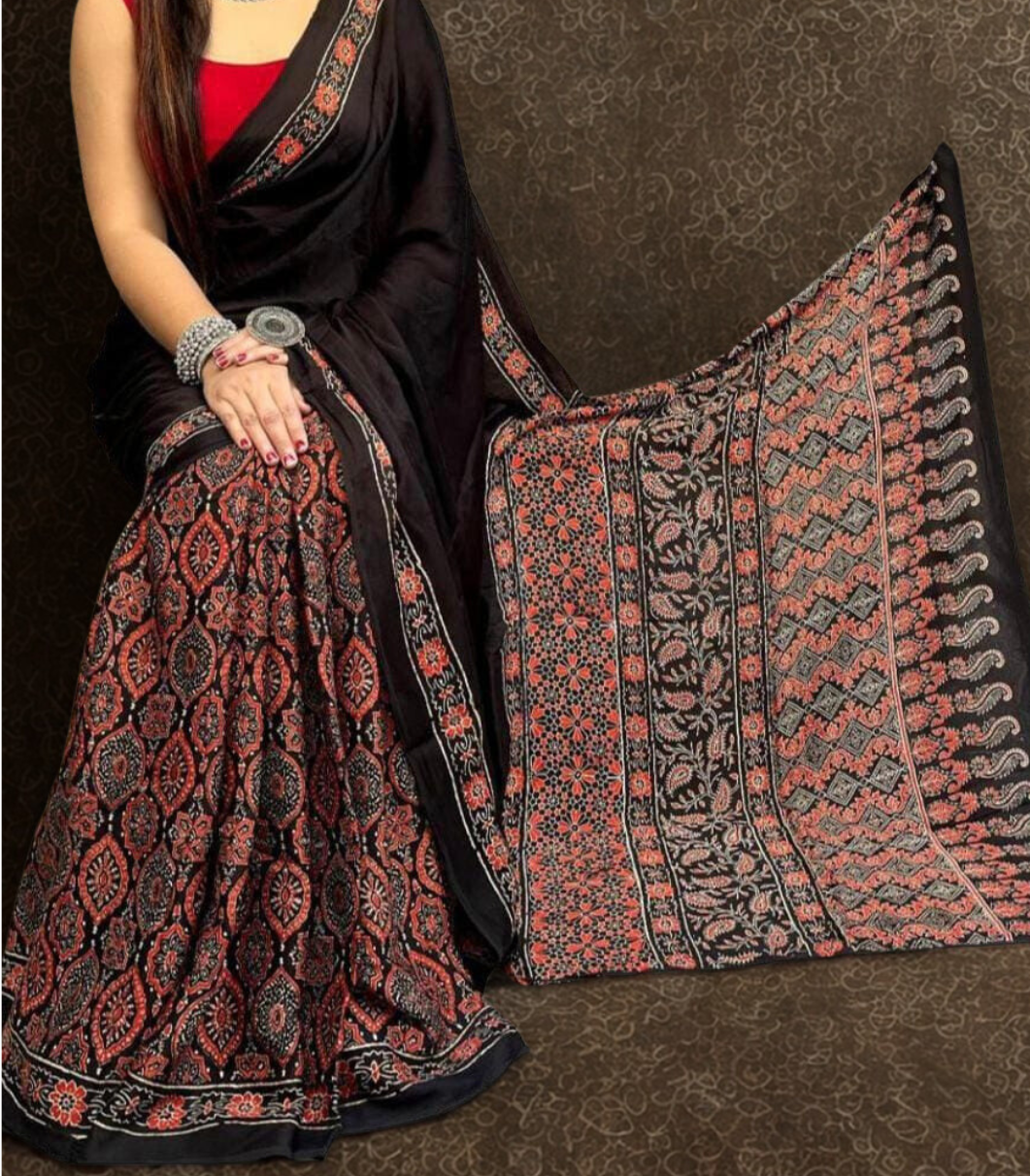 Ajrakh Handblock Print Pure Modal Silk Coffee Color Saree