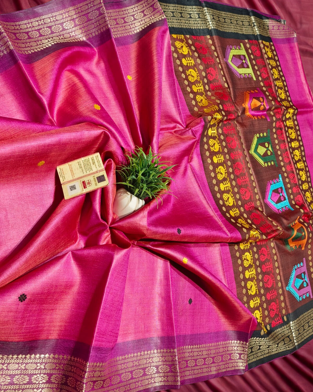 Pure Tussar Handloom Vidarbha Border Dolabedi Pallu Saree with Contrast Blouse