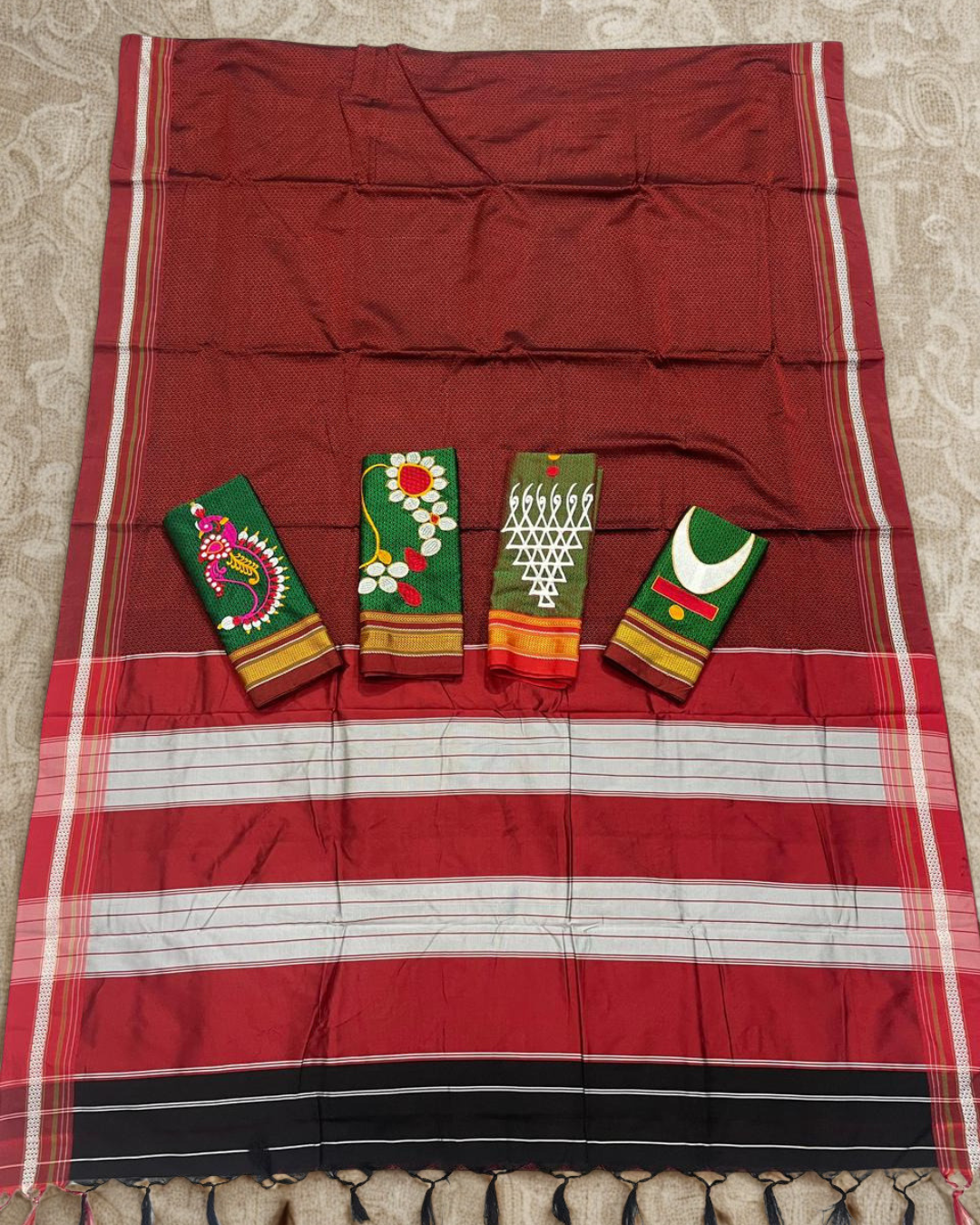 Rust Red Maroon Resham Blend Maharashtrian Khun Saree With Nath Blouse Piece