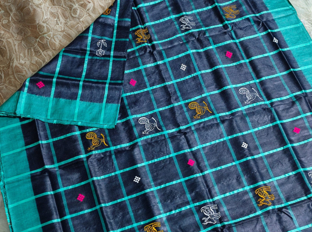 Handwoven Santali Tribal Pure Tussar Silk Saree with Check Body Contrast