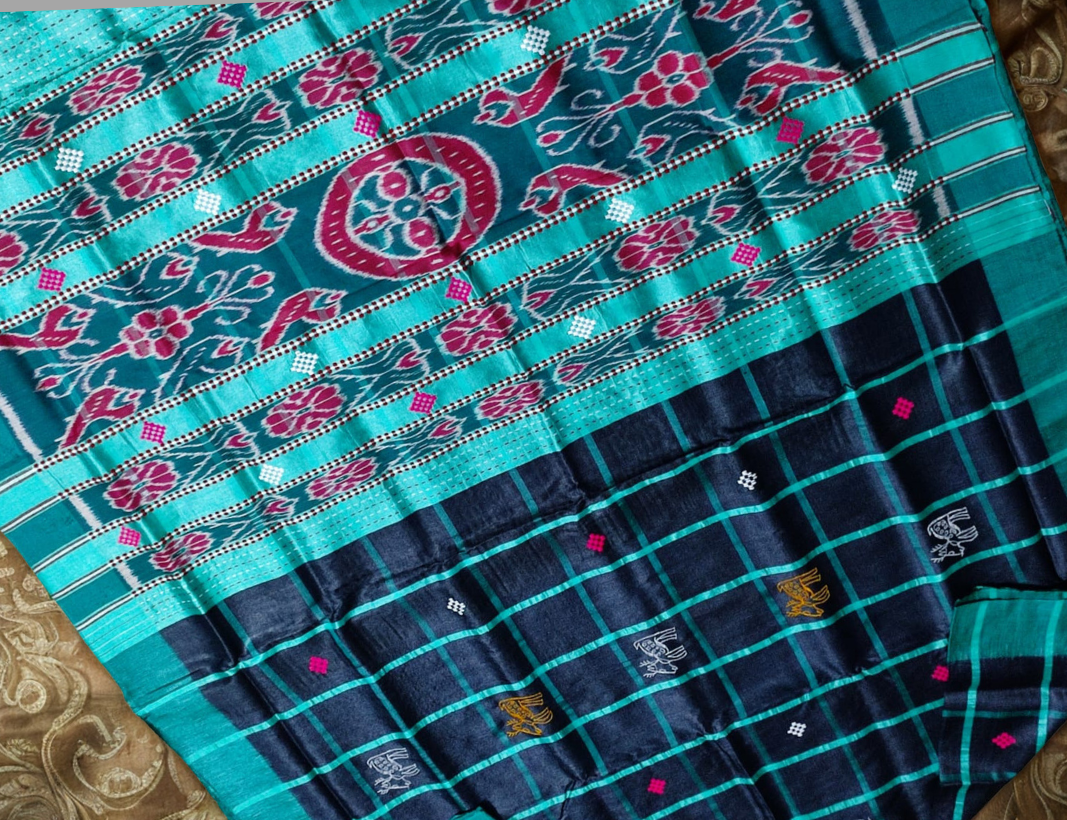Handwoven Santali Tribal Pure Tussar Silk Saree with Check Body Contrast