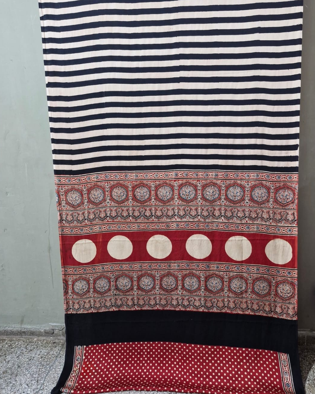Pure Modal Silk Authentic Handblock Print Saree With Polka Dot Red Blouse Piece
