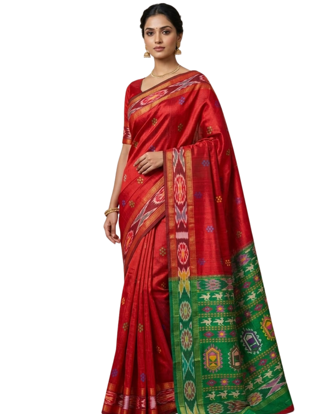 Chhattisgarh Handloom Pure Raw Silk Saree | Dolabedi Pallu | Temple Border | Contrast Blouse