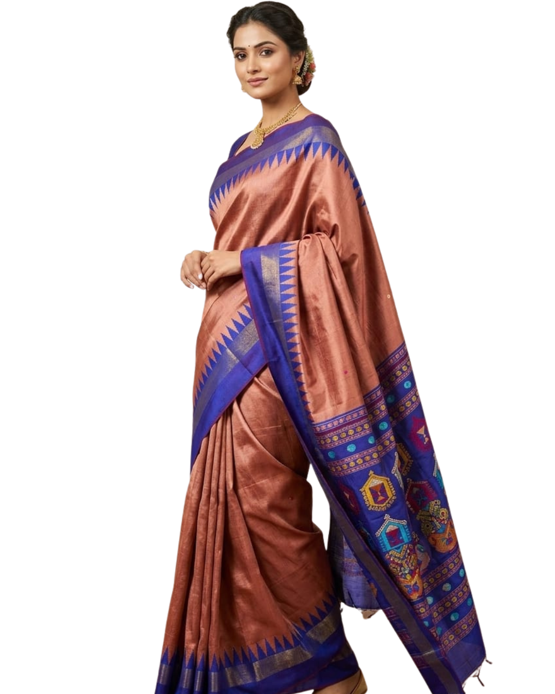 Chhattisgarh Handloom Pure Raw Silk Saree | Dolabedi Pallu | Temple Border | Contrast Blouse