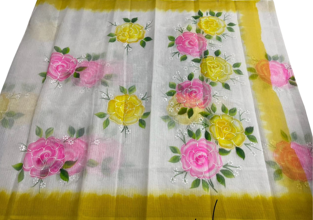 Hand-Painted Rose Kota Doria Saree | White with Yellow Border | Rajasthan Handloom