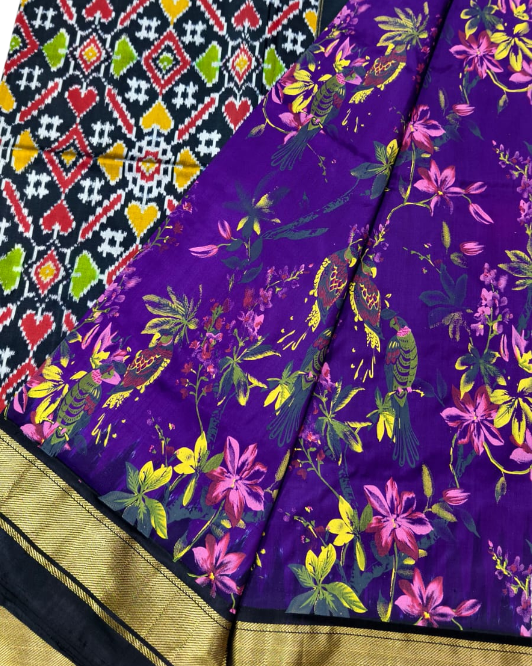Ikkat Silk Saree with Floral Pallu & Kanchi Zari Border | Pure Pattu Handloom