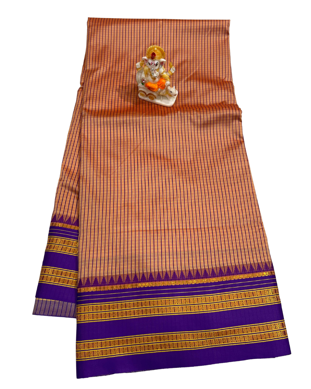 Brown and purple checkered saree with decorative border on a white background