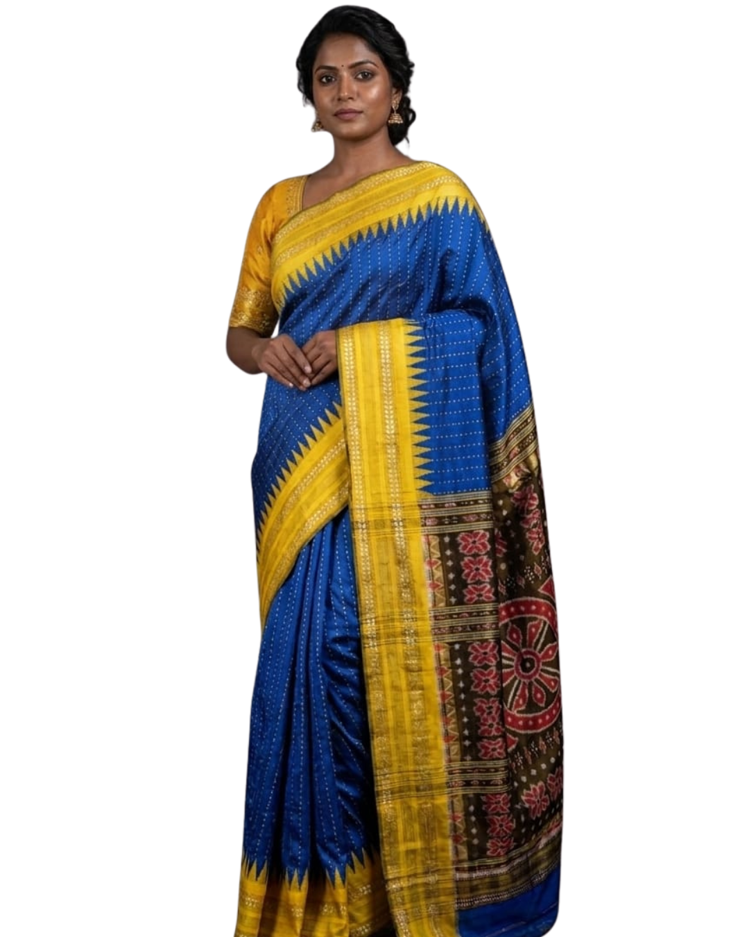 Woman wearing a blue and yellow saree with a white background