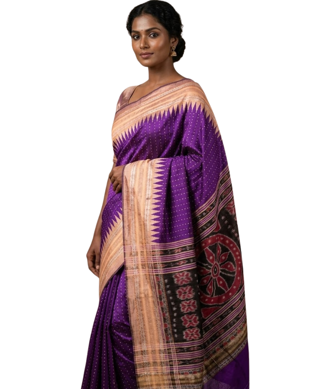 Woman wearing a purple and beige saree with a white background