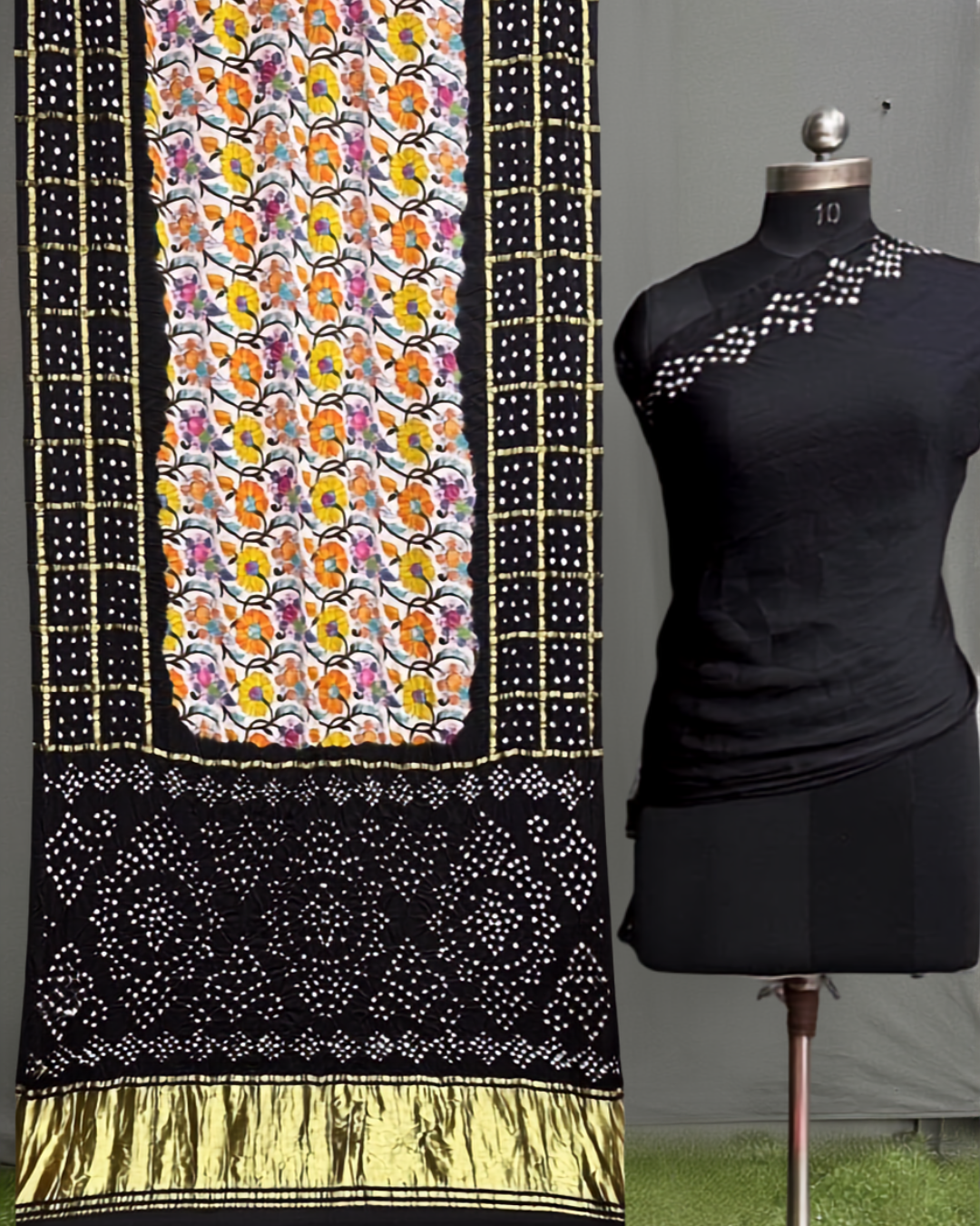 Pure Modal Silk Gharchola Bandhej Saree With Contrast Blouse | Kalamkari Print & Hand Tie & Dye