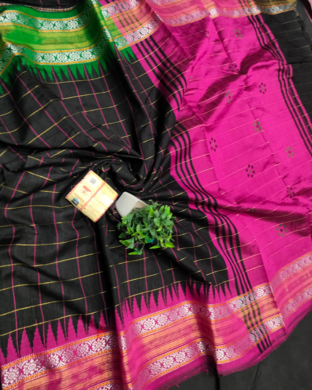 Chhattisgarh Handloom Raw Silk Saree | Check Body with Vidarbha Temple Border & Ikkat Pallu