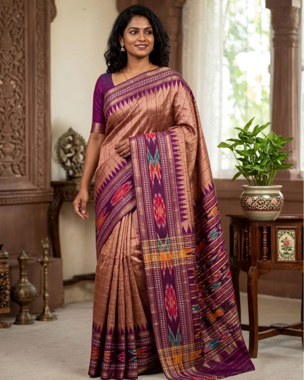 Woman wearing a traditional saree in a decorated room with plants and decor.
