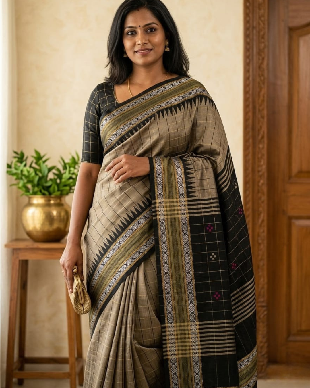 Woman wearing a traditional saree in a room with a plant and wooden furniture.