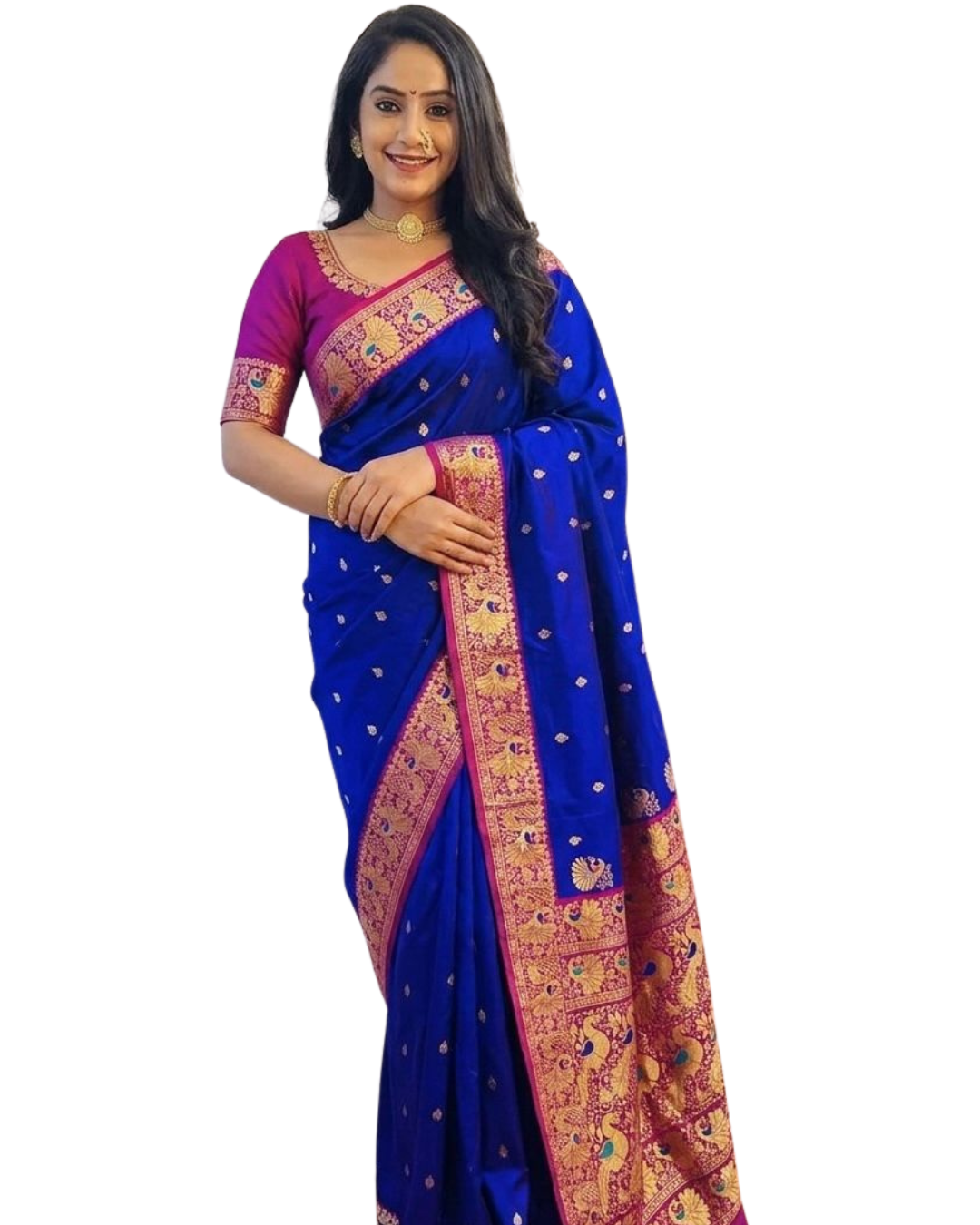 Peshwai Paithani Pure Soft Silk Saree | All-Over Peacock Butti | Meenakari Peacock Pallu | Contrast Blouse