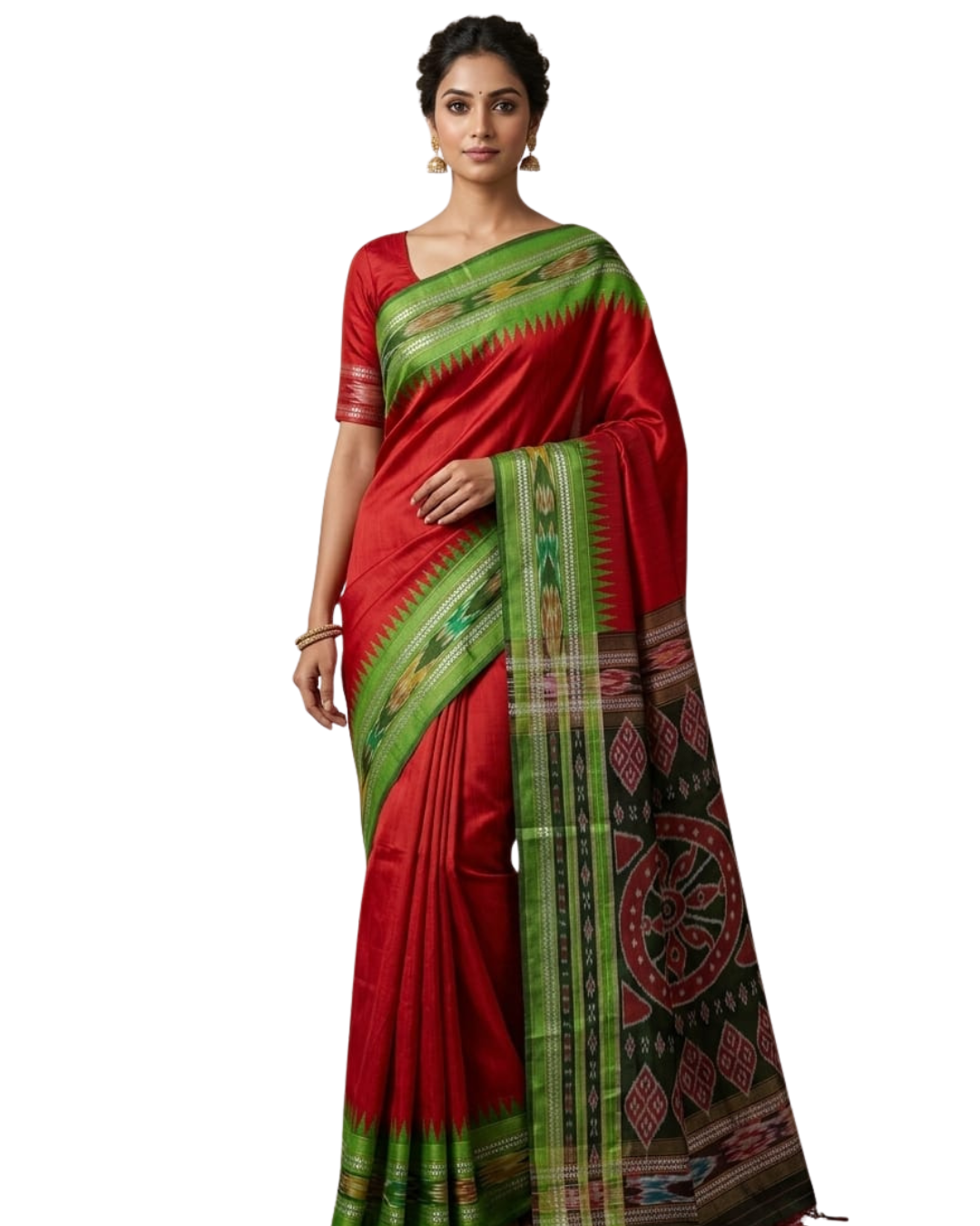 Authentic Chhattisgarh Handloom Pure Raw Silk Ikkat Saree with Vidarbha Temple Border | Silk Mark Certified | Red