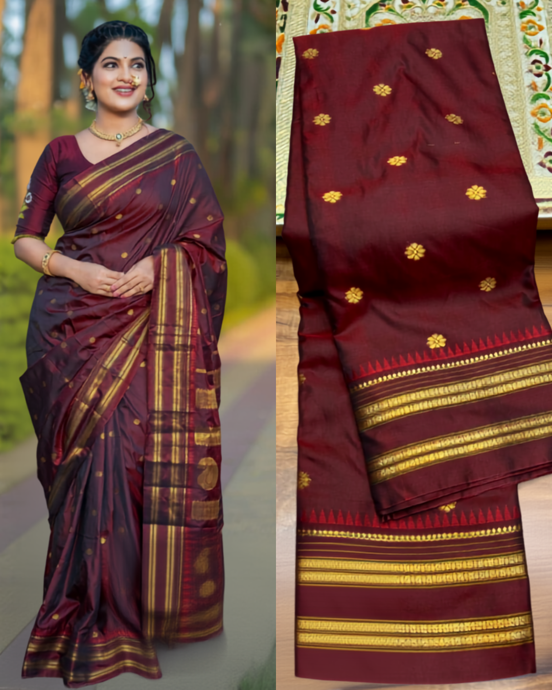Maroon Authentic Narayanpet Paithani Saree | All Over Gold Zari Butti