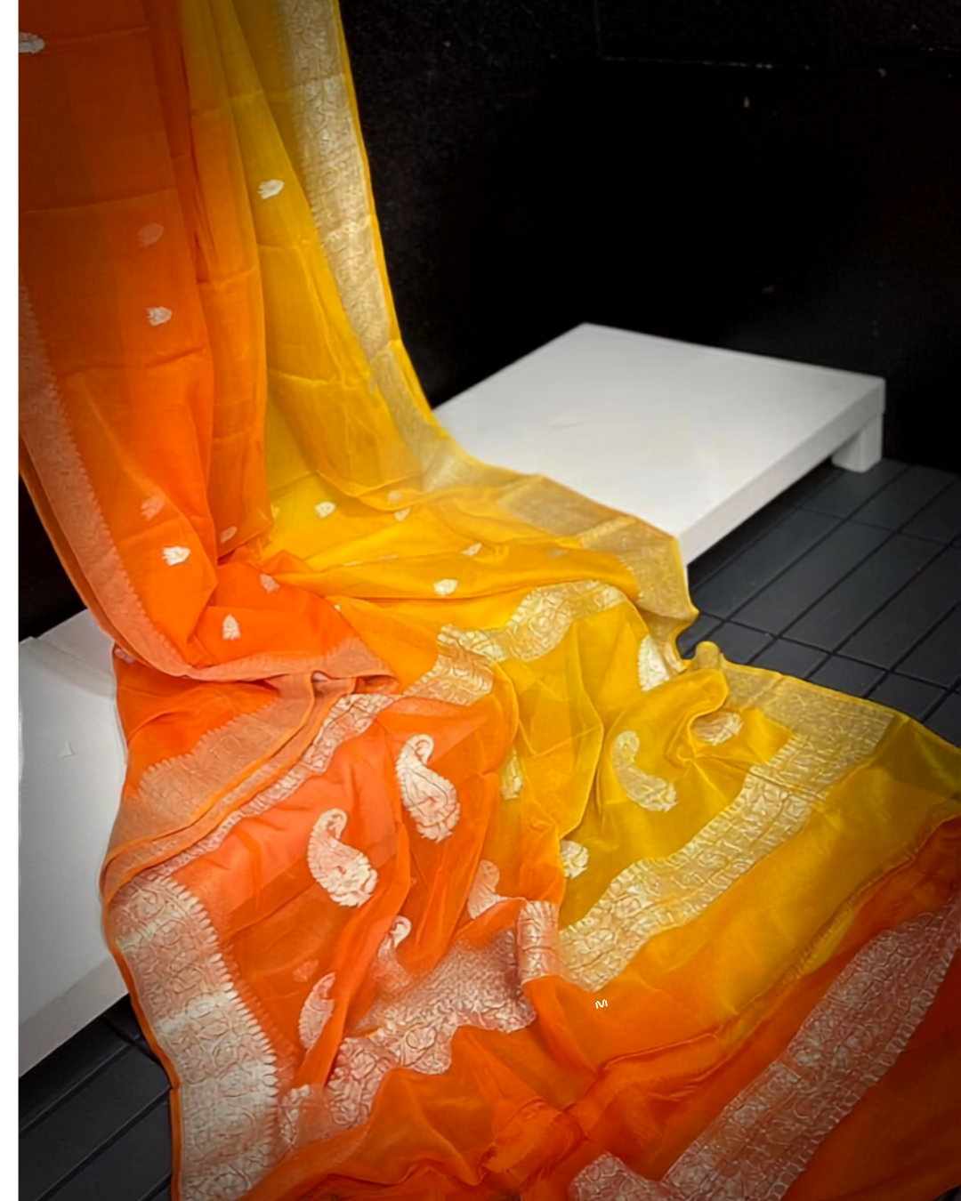 Authentic Banarasi Khaddi Georgette Handloom Saree | Silver Zari Butta | Orange & Yellow