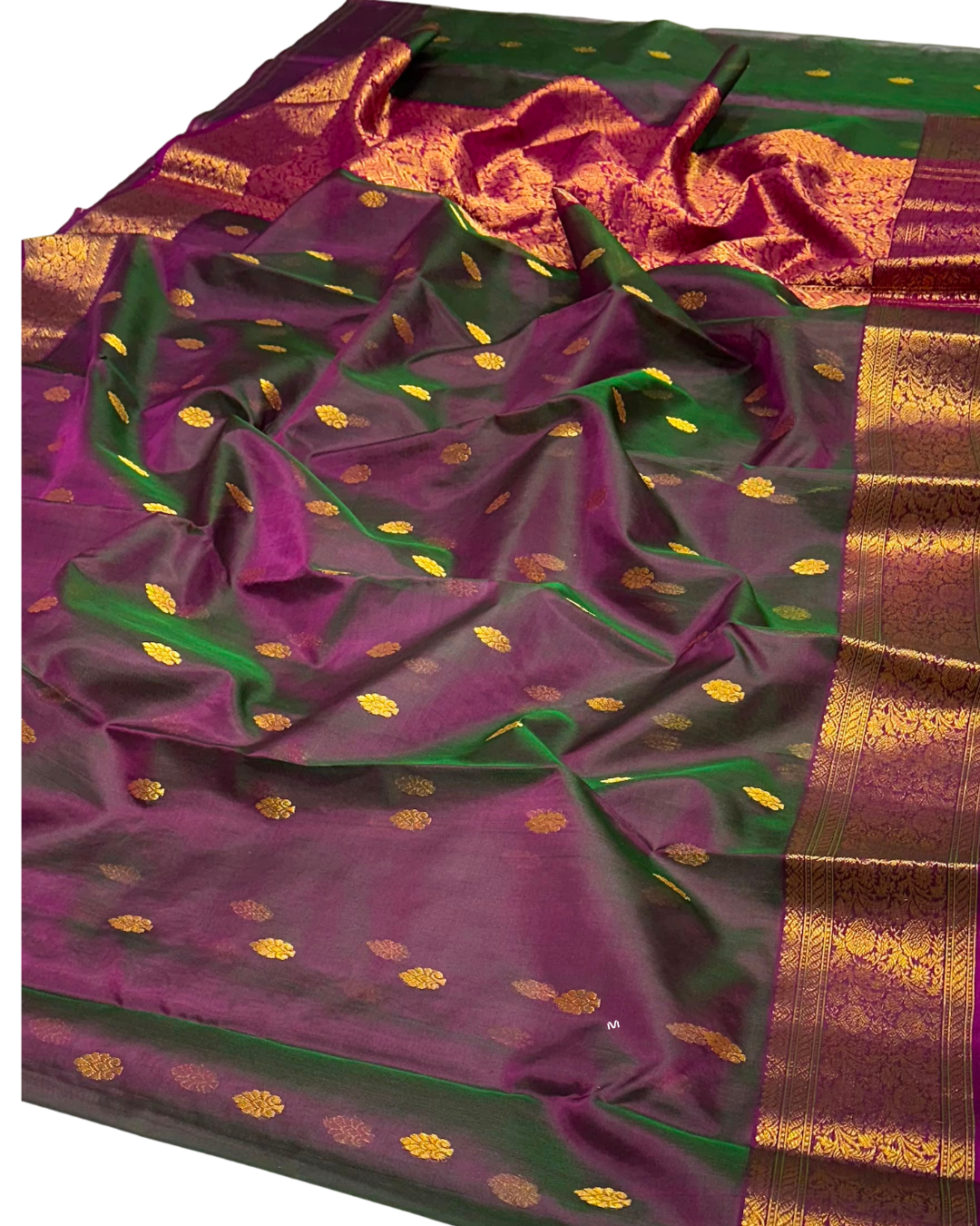 Authentic Chanderi Katan Silk Handloom Saree | Nakshi Border | Dual Shade