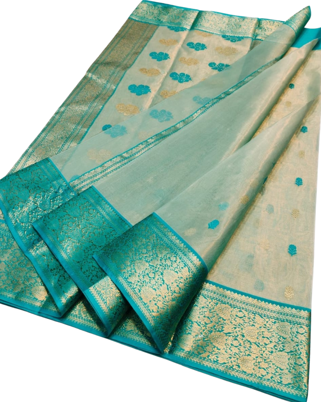 Pure Chanderi Katan Silk Saree | Ivory & Turquoise Nakshi Border