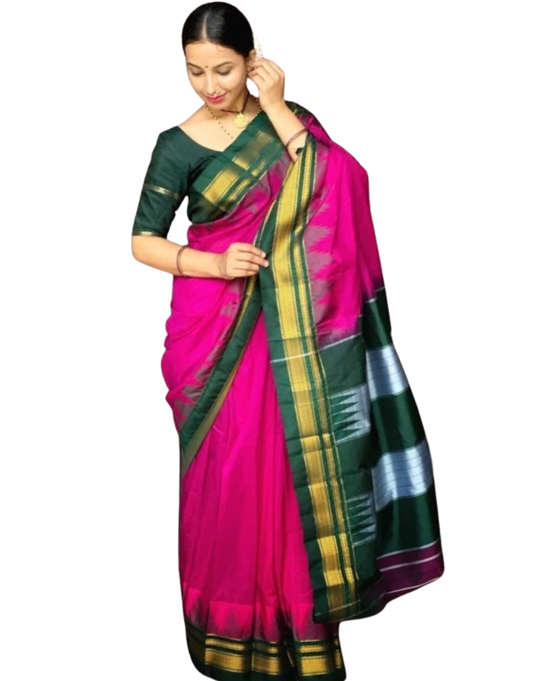 Gadwal Temple Border Mercerised Cotton Saree with Ilkal Silk Pallu | Contrast Blouse Piece