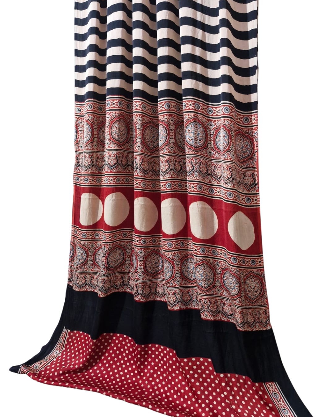 Authentic Ajrakh Hand Block Print Pure Modal Silk Saree with Stripe Design | Polka Dot Blouse