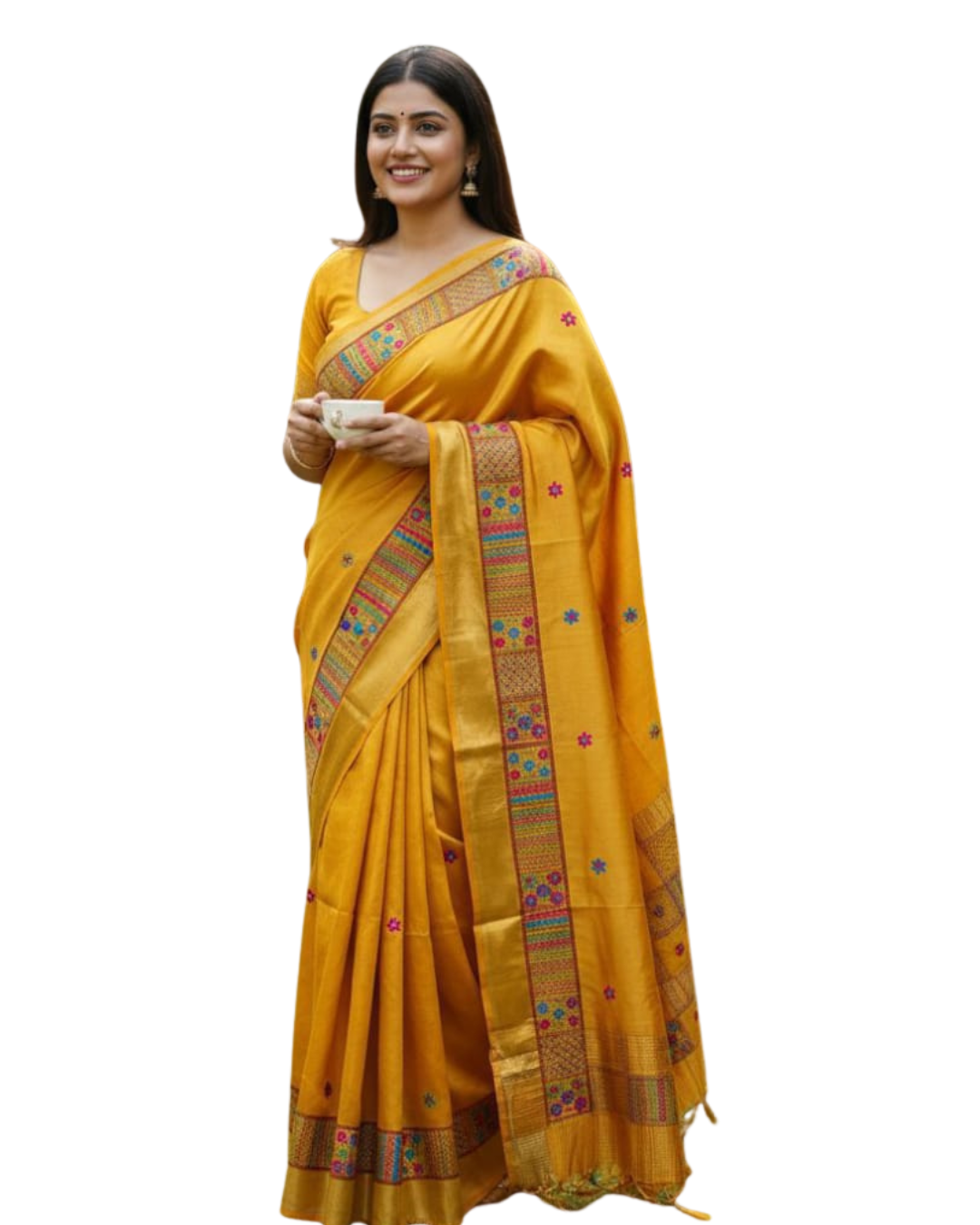 Chhattisgarh Tussar Silk Hand Embroidered Saree With Stitched Blouse