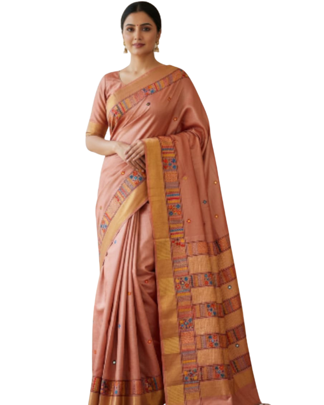 Chhattisgarh Tussar Silk Hand Embroidered Saree With Stitched Blouse