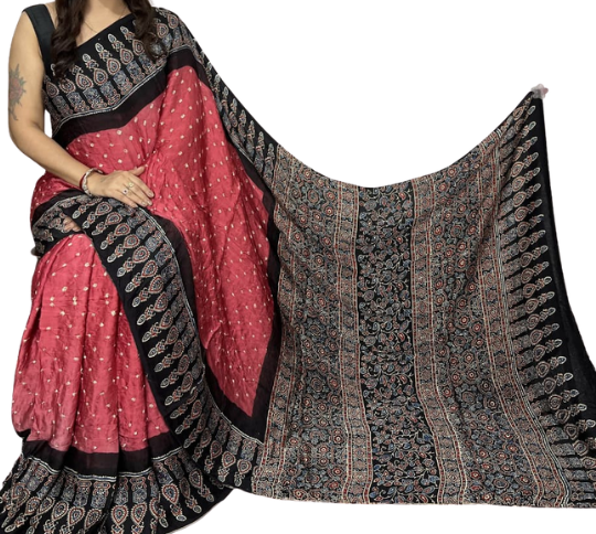 Kutch Ajrakh Bandhani Modal Silk Saree – Hand Block Print & Tie-Dye