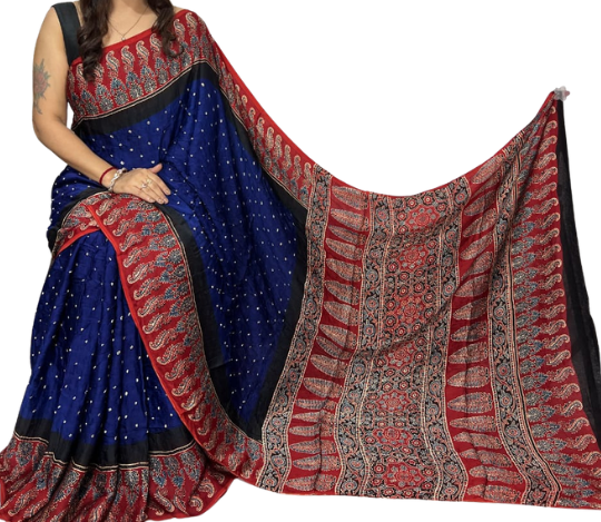 Kutch Ajrakh Bandhani Modal Silk Saree – Hand Block Print & Tie-Dye
