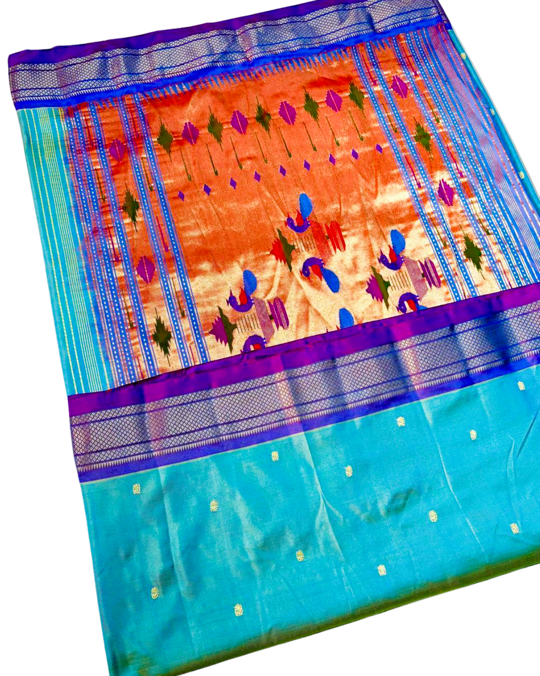Pure Silk Authentic Handloom Yeola Paithani Saree – Aqua Blue with Purple Border