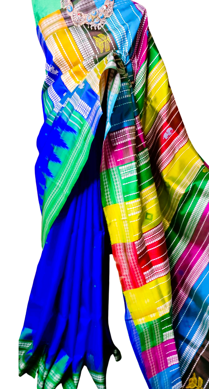 Royal Blue Berhampuri Double Pallu Silk Saree with Green Border