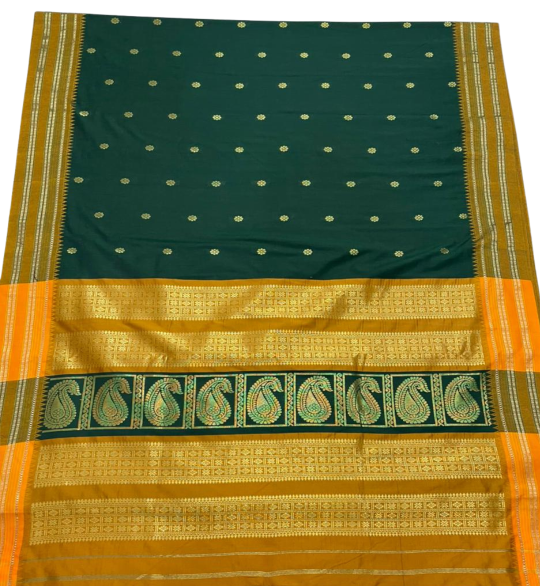 Bottle Green with Rich Golden Narayanpeth Border Cotton Acrylic Saree