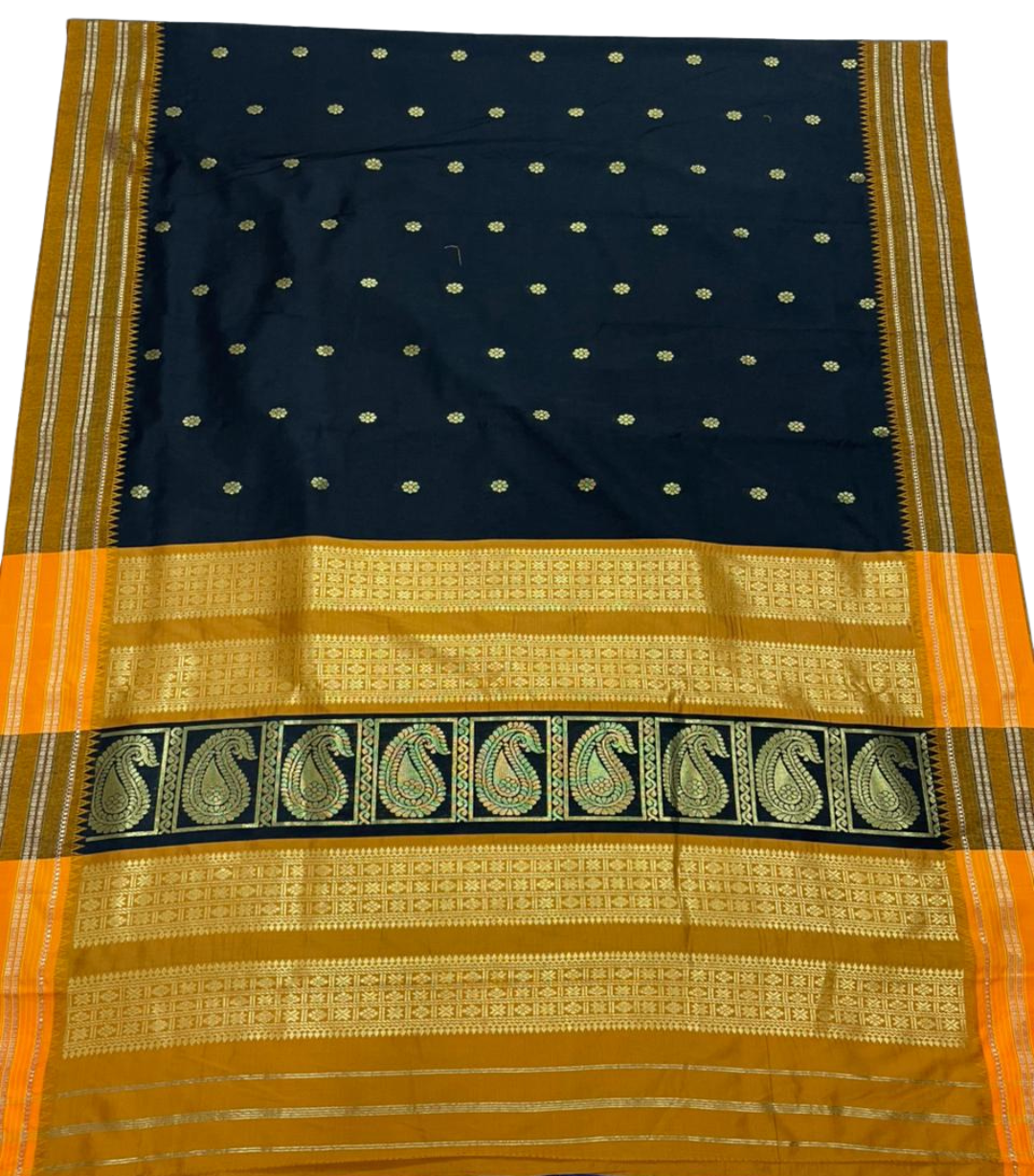 Black with Rich Golden Narayanpeth Border Cotton Acrylic Saree
