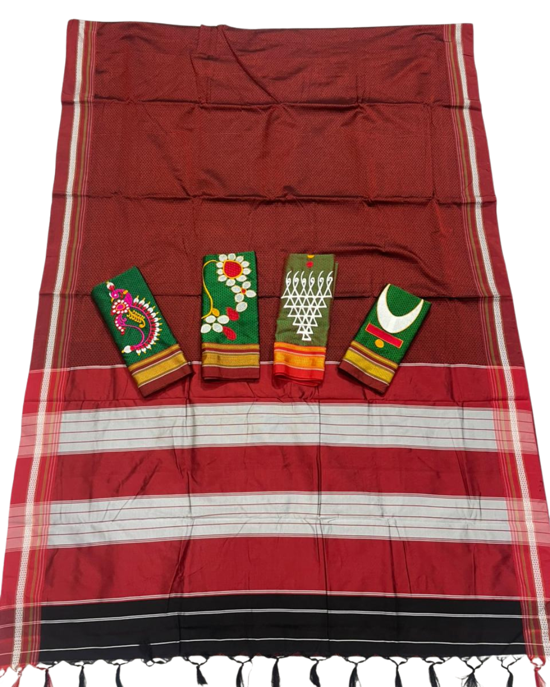 Rust Red Maroon Resham Blend Maharashtrian Khun Saree With Nath Blouse Piece