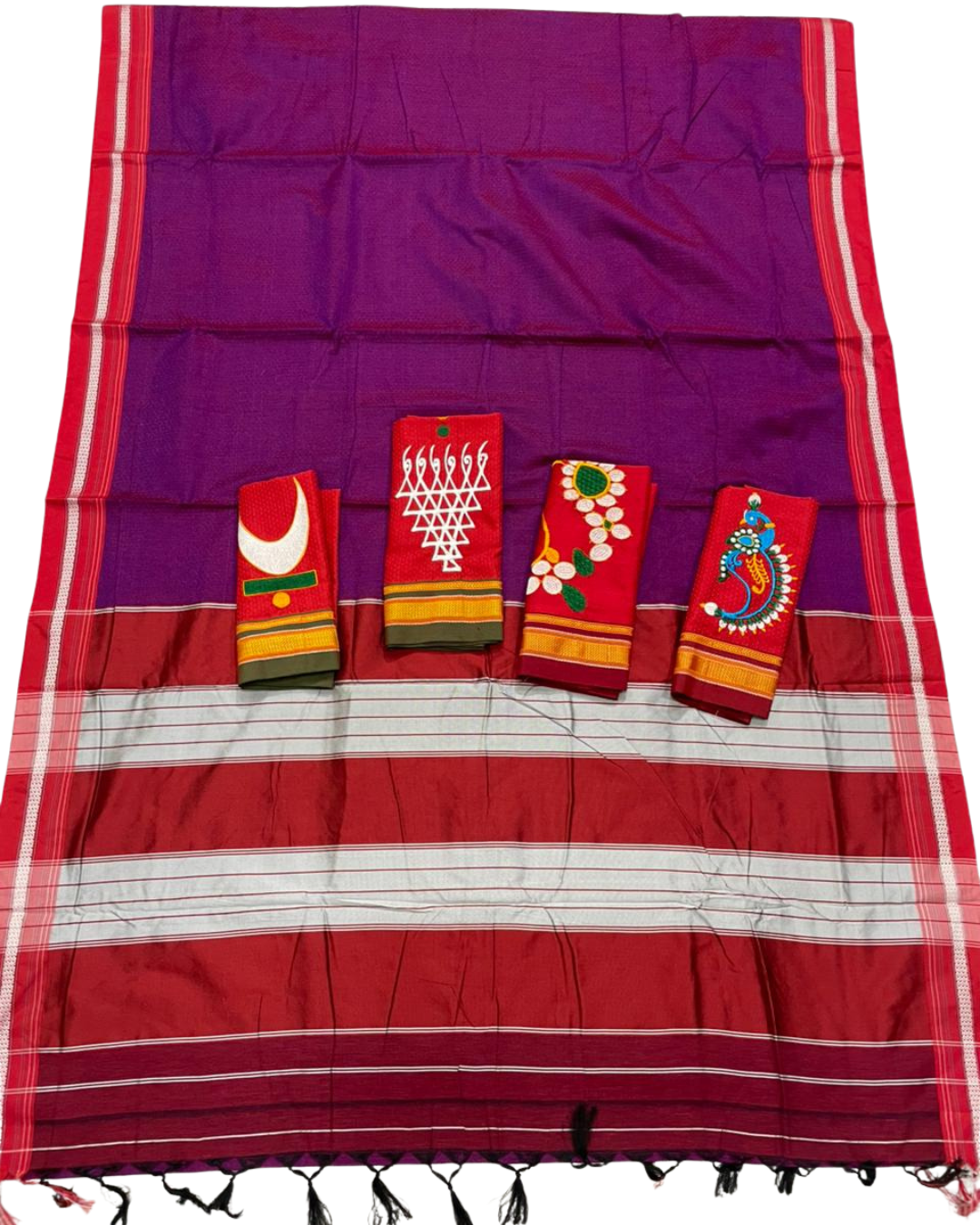 Plum Purple with Red Contrast Border Resham Maharashtrian Khun Saree