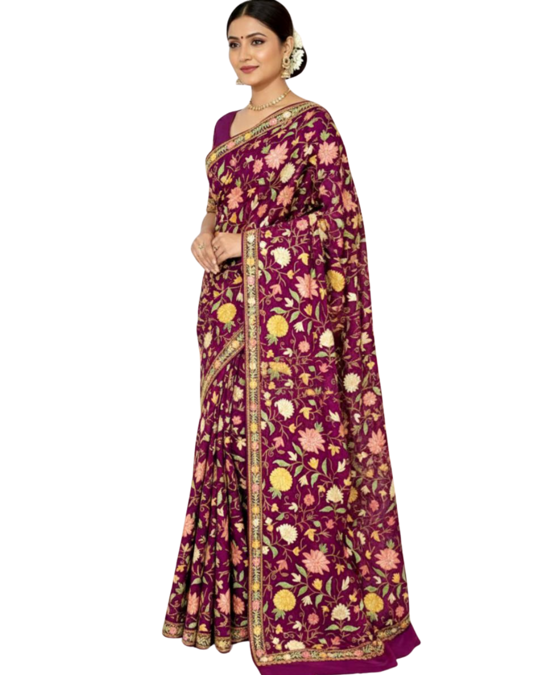 Deep Magenta Kashmiri Crepe Saree with Multicolour Aari Embroidery