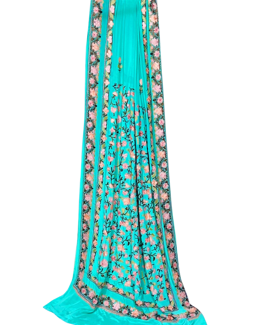 Aqua Blue Kashmiri Crepe Saree with Multicolour Aari Embroidery