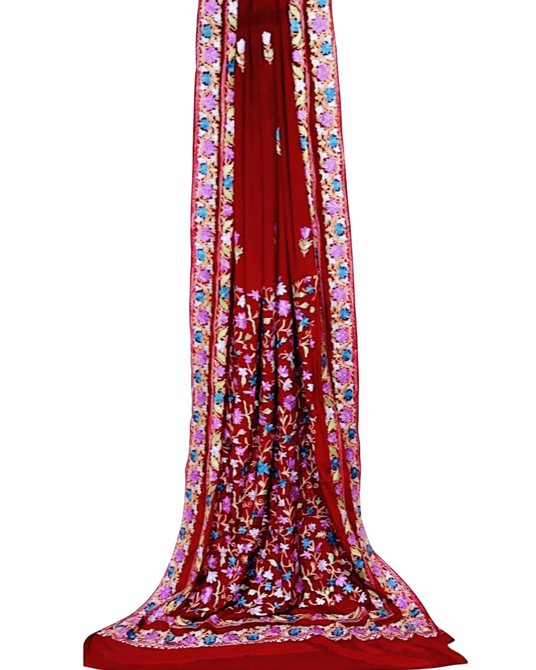 Deep Maroon Kashmiri Crepe Saree with Multicolour Aari Embroidery