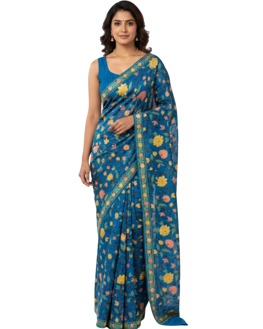 Teal Blue Kashmiri Crepe Saree with Multicolour Aari Embroidery
