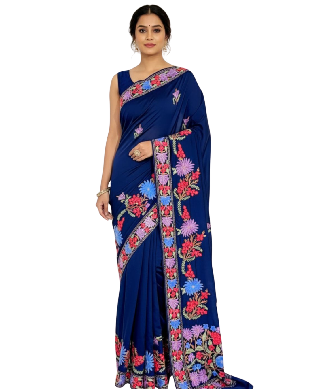 Deep Navy Blue Kashmiri Crepe Saree with Multicolour Aari Embroidery