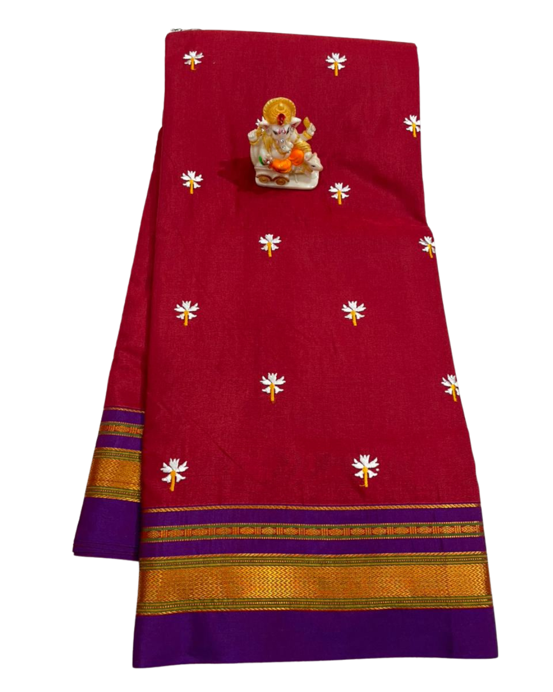 Crimson Red Prajakta Phool Embroidery Work Irkal Saree | Contrast Border | Multi-Color Lining Pallu