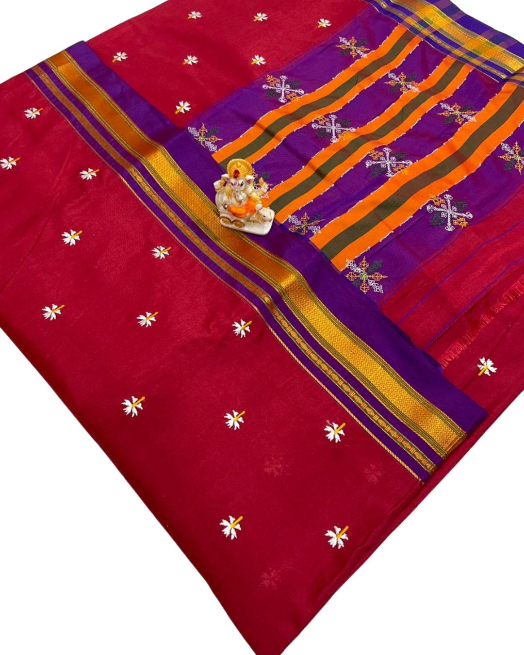 Crimson Red Prajakta Phool Embroidery Work Irkal Saree | Contrast Border | Multi-Color Lining Pallu