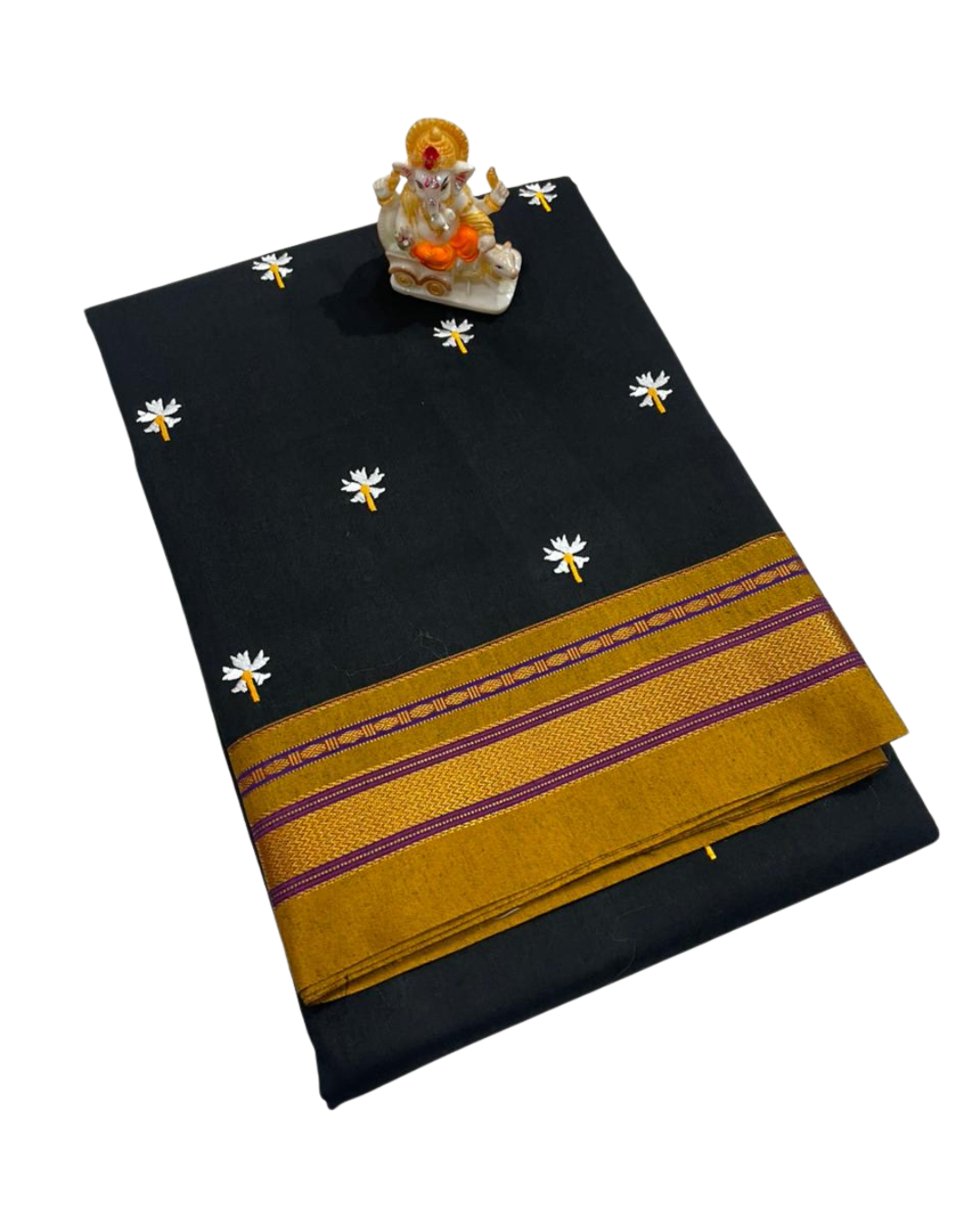 Black Prajakta Phool Embroidery Work Irkal Saree | Contrast Border | Multi-Color Lining Pallu