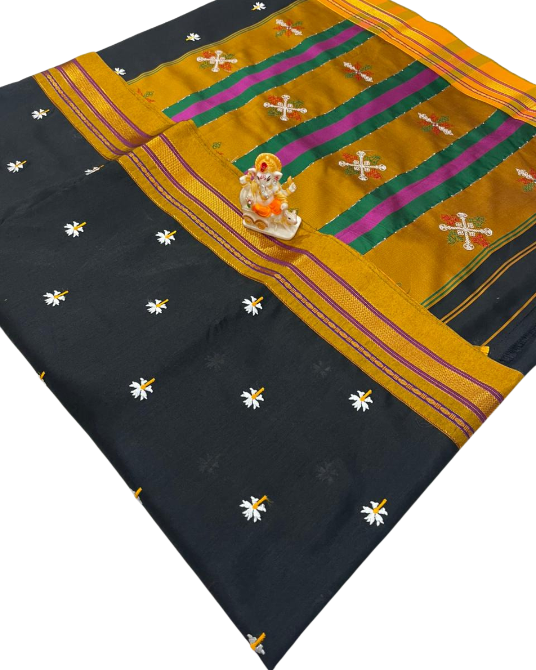 Black Prajakta Phool Embroidery Work Irkal Saree | Contrast Border | Multi-Color Lining Pallu