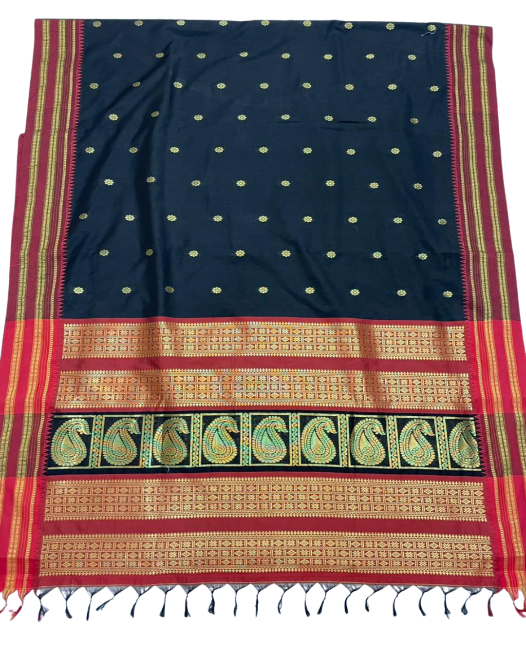 Black Narayanpeth Border Saree With Contrast Meena Rich Pallu
